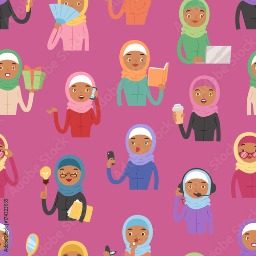 Arabic woman adult character different role Arabian Asia nationality islamic girl face in hijab vector seamless pattern