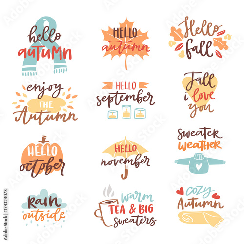 Fall nature season vintage hand drawn lettering stickers with text autumn and floral elements phrases vector illustration
