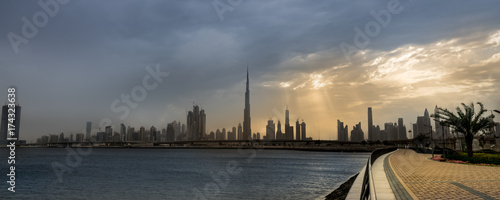 Panoramic view of business bay  downtown area of Dubai and the promenade at cloudy day. UAE