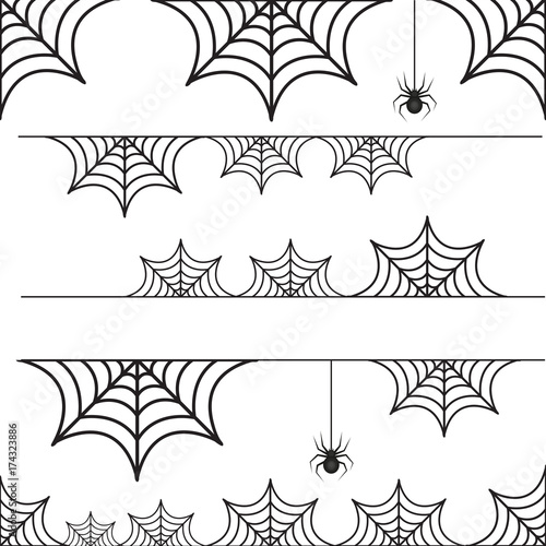 Halloween set of border cobweb with spider. Collection of scary borders. Isolated on white background. Vector illustration