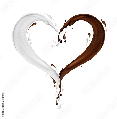 Splashes of milk and chocolate in the shape of heart on white background