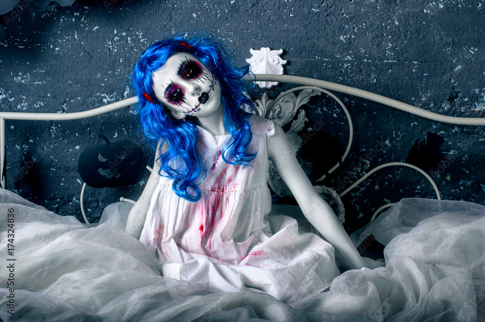 Little blue hair girl in bloody dress with scary halloween makeup Stock  Photo | Adobe Stock