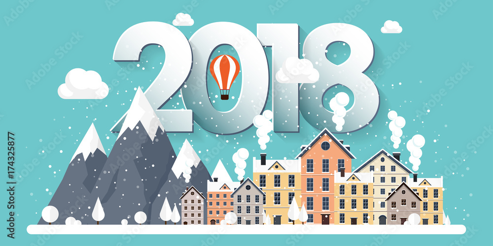 Vector illustration. 2018 winter urban landscape. City with snow. Christmas and new year. Cityscape. Buildings.Mountaines, nature.