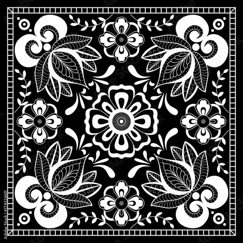 Black and white abstract bandana print with  element henna style. Square pattern design for pillow, carpet, rug. Design for silk neck scarf, kerchief, hanky