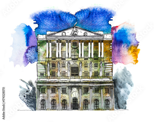 Fototapeta Bank of England in London, UK. Sketch with colourful water colour effects 