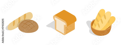 Bakery bread icon set, isometric style