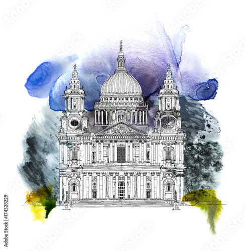 Fototapeta St. Pauls cathedral, London. Sketch collection famous buildings. Sketch with colourful water colour effects 