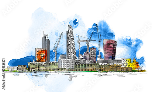 Fototapeta Modern London. City of London  with crane and building sites of new developments. Sketch with colourful water colour effects 