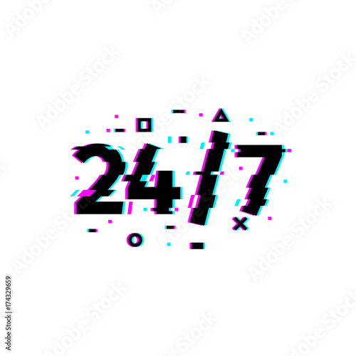 Open 24/7 Hours Glitch Effect Symbol. Dynamic noise logo isolated on white background. Vector Illustration in Trendy Modern Style.