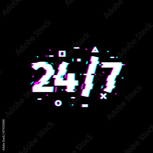 Open 24/7 Hours Glitch Effect Symbol Template. Dynamic noise logo isolated on black background. Vector Illustration in Trendy Modern Style.