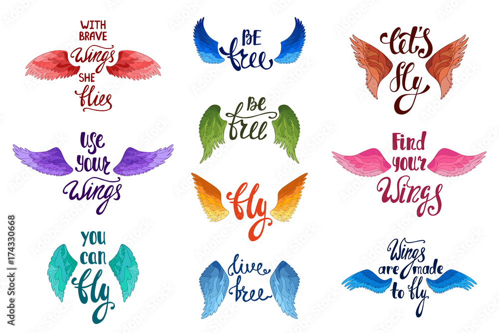 Vector set of hand drawn calligraphy phrases with angel wings. R Vector set of hand drawn calligraphy phrases with angel wings. R