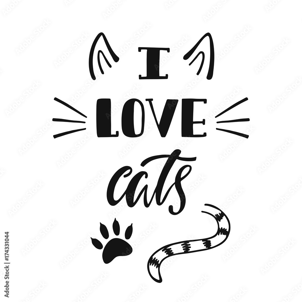 Plakat Uwielbiam koty. Odręcznie inspirująca cytat o kocie.