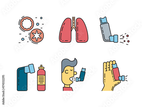 Vector icons on the theme of asthma isolated on white background in outline style.