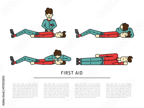First aid emergency treatment and cpr technique in life threatening situations flat icons collection abstract isolated vector illustration