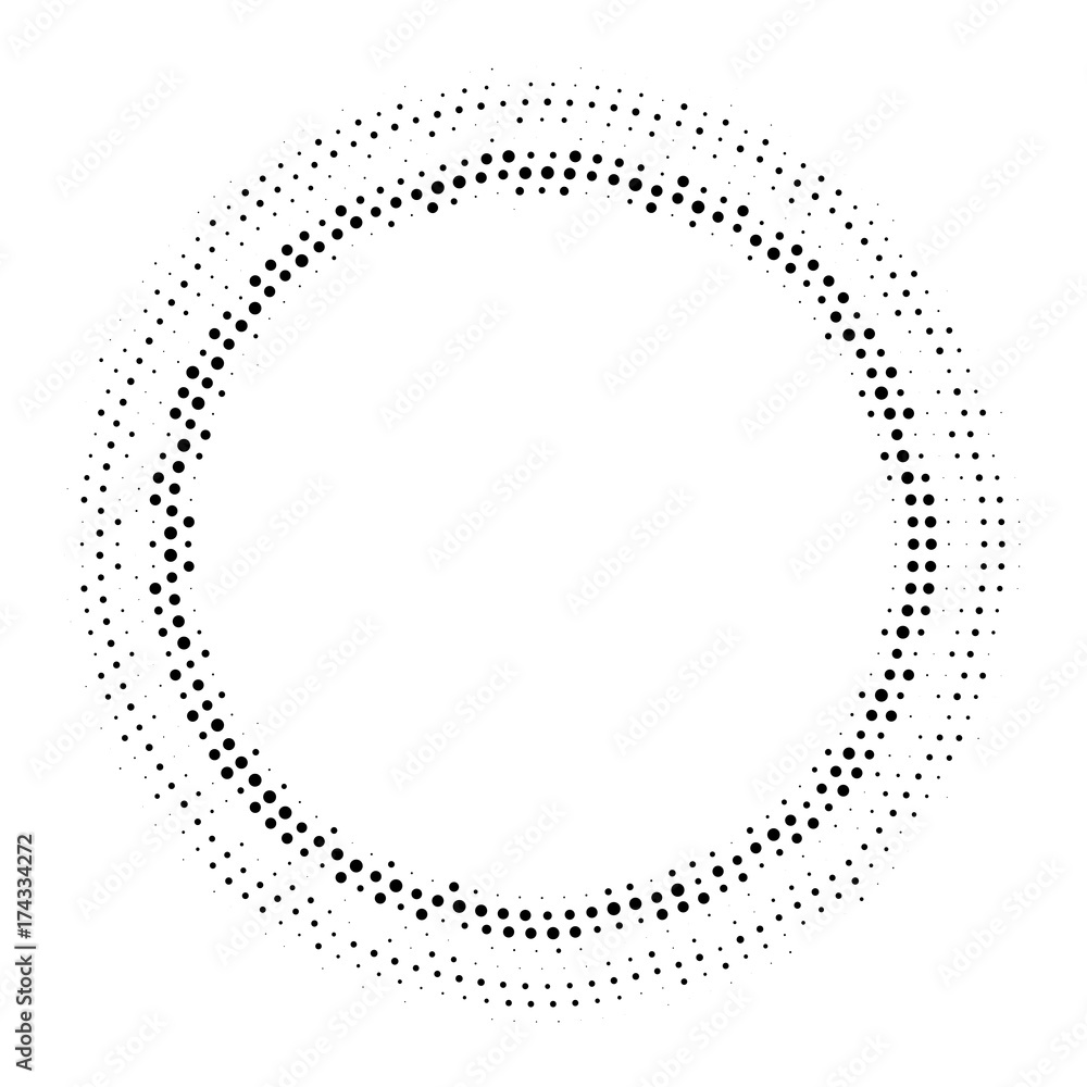 Halftone dotted background circularly distributed. Halftone effect vector pattern. Circle dots isolated on the white background. Halftone dotted background circularly distributed. Halftone effect vector pattern. Circle dots isolated on the white background.