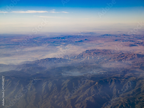 Aerial view of San Bernardino Mountains and Lake Arrowhead  view from window seat in an airplane