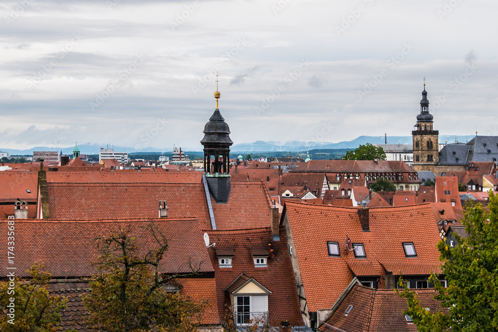 Panoramic view of Bamberg historic center from Bamberger Rose garden. Bamberg, Upper Franconia, Germany.