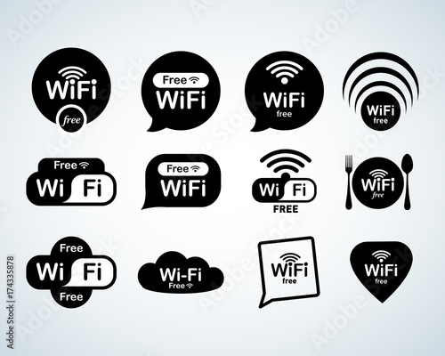 Free wifi  logo set. Free wifi signs set. Wifi symbols. Wireless Network icons. Wifi zone. Modern UI website navigation. Isolated Vector illustrations. photo