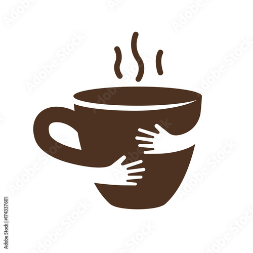 Creative coffee or tea cup and hands logo design. Cafe or restaurant symbol. Unique logotype design template. Hug hot cup vector illustration