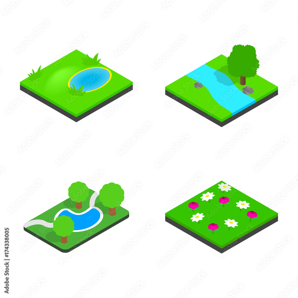 Green land icon set, isometric style Green land icon set, isometric style