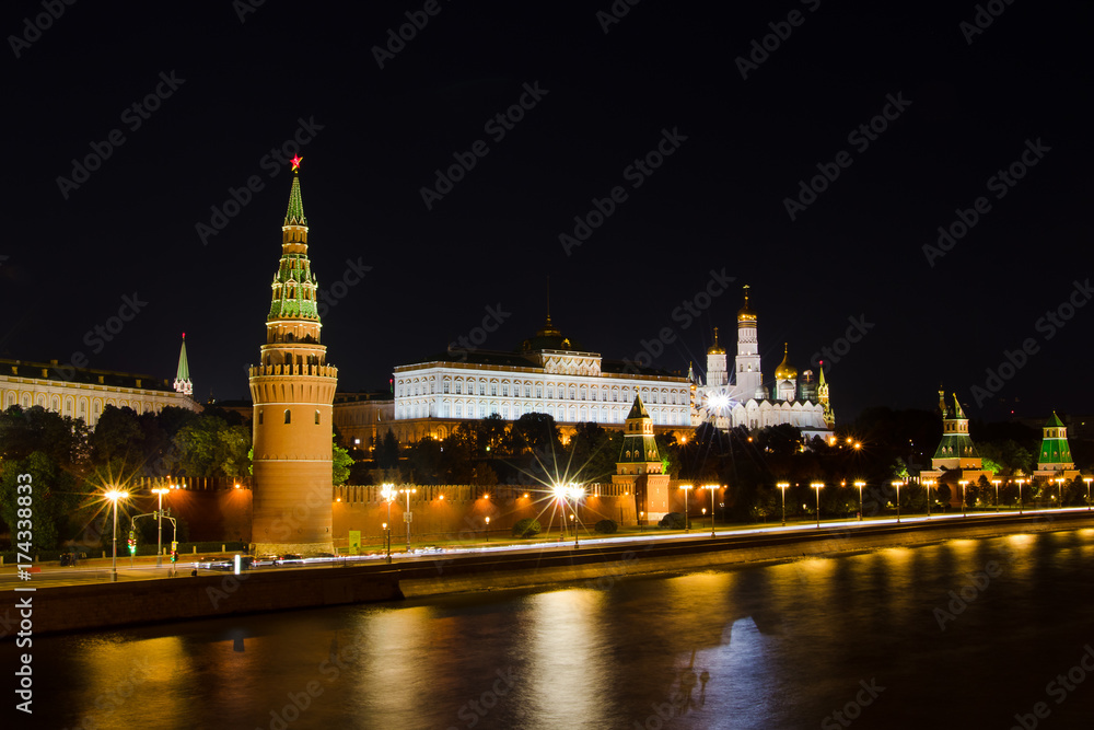 Moscow Kremlin and Moscow river, view from embankment in the evening. Russia.