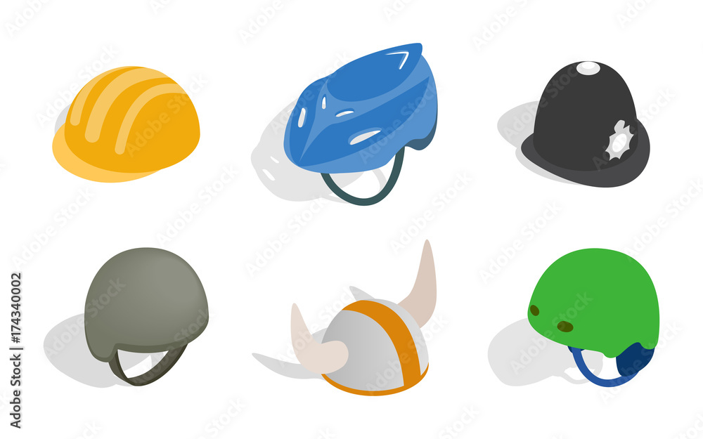 Different helmet icon set, isometric style