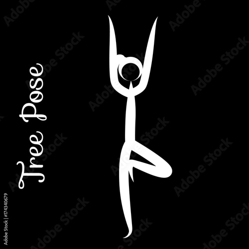 Tree Pose, Vrksasana. Yoga Position. Vector Silhouette Illustration. Vector graphic design or logo element for spa center, studio, class, center, poster. Yoga retreat. White.