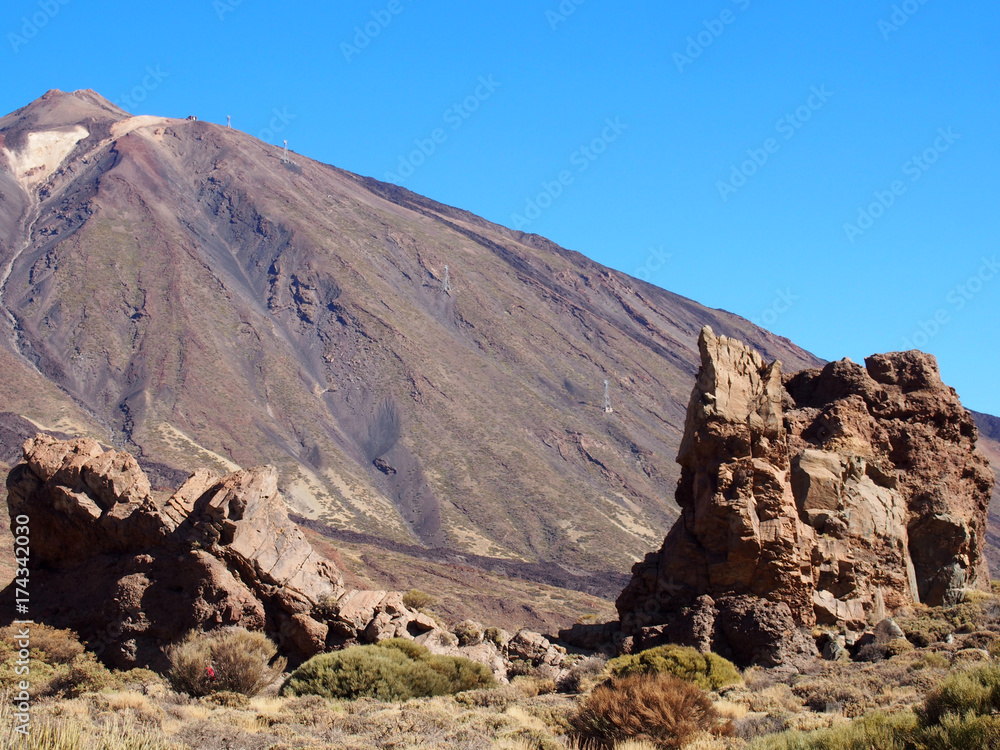 mountain at teide national park shwong rock formations and volcanic landcape with sparse vegetation and blue sky