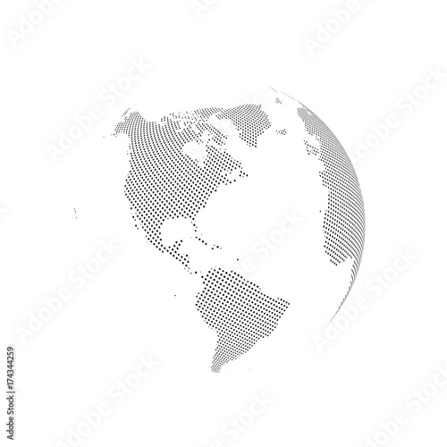 Abstract Globe with Dotted Map. Black and White Halftone Effect Vector Illustration.
