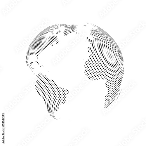 Abstract Globe with Dotted Map. Black and White Halftone Effect Vector Illustration.