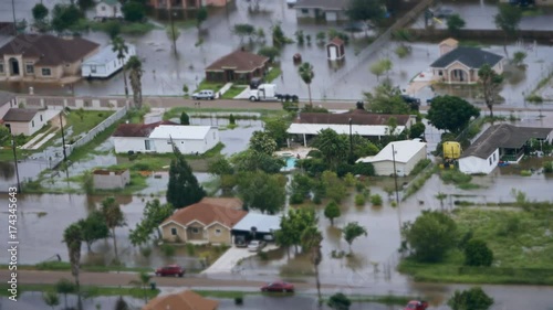 Depiction of flooding after a hurricane. Suitable for showing the devastation wrought after storms like Hurricane Irma, Harvey and Maria make landfall. 4K UHD.