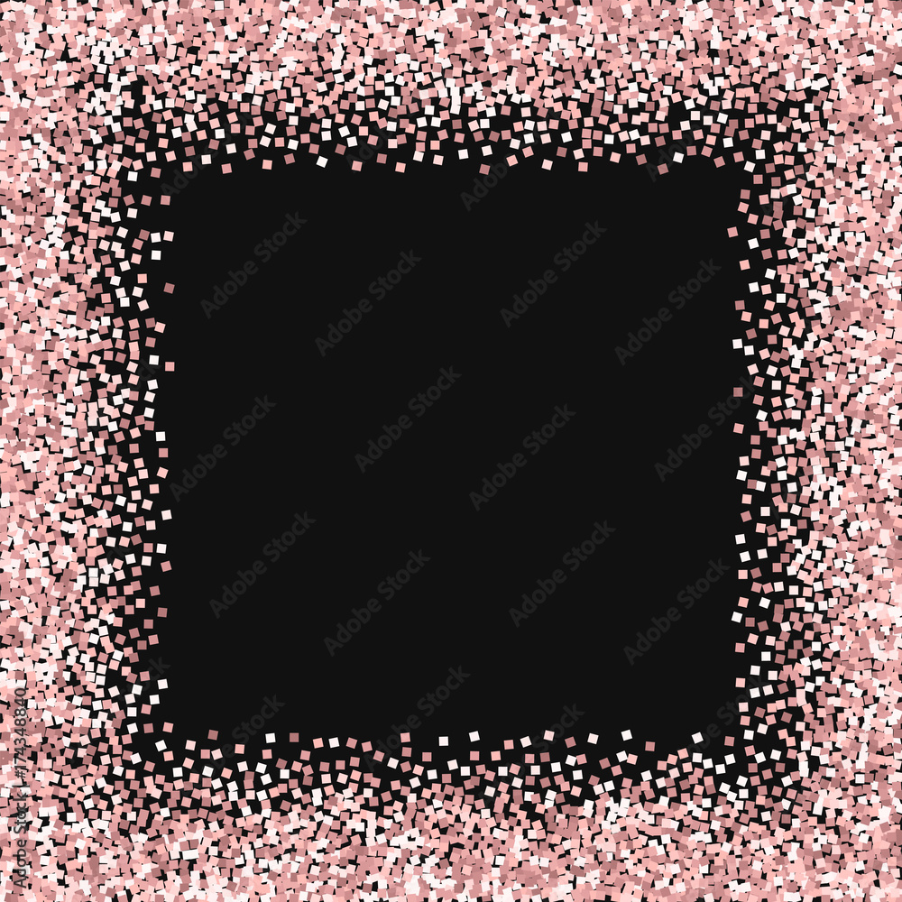 Pink gold glitter. Chaotic border with pink gold glitter on black