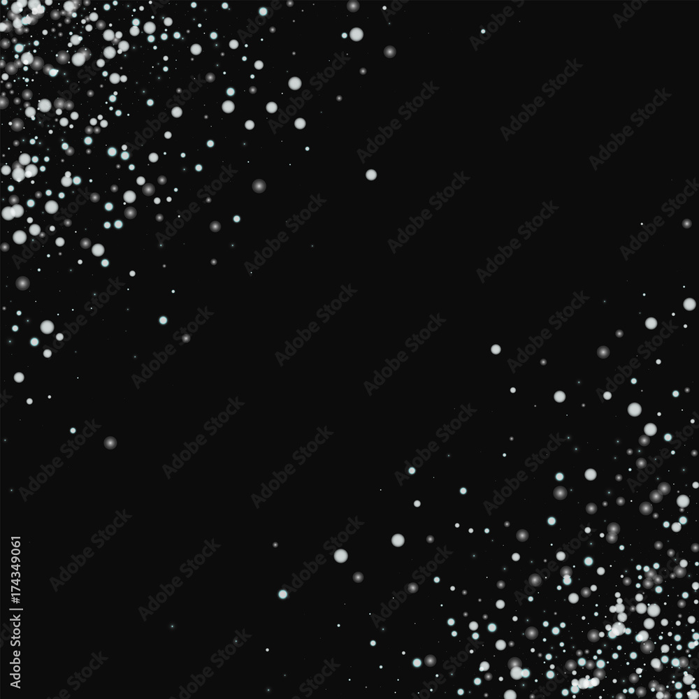 Amazing falling snow. Scatter abstract corners with amazing falling snow on black background. Glamorous Vector illustration.