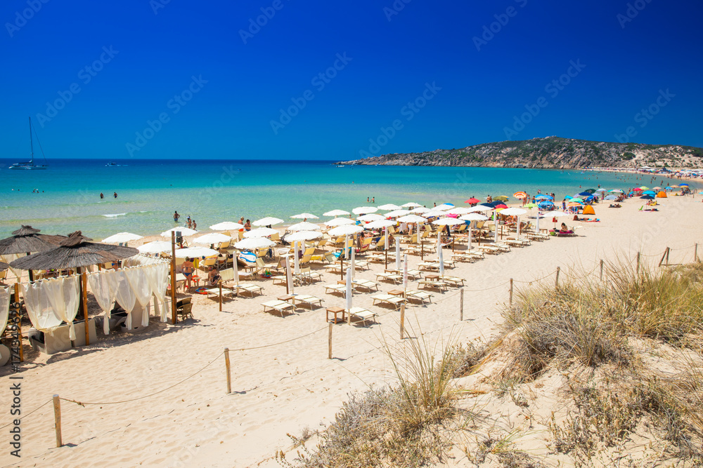 Su Giudeu beach with white sand dunes, Chia, Sardinia, Italy