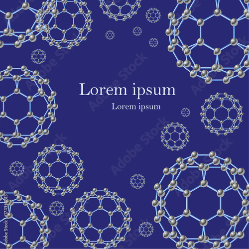 Scientific futuristic abstract background with fullerene molecules on blue.