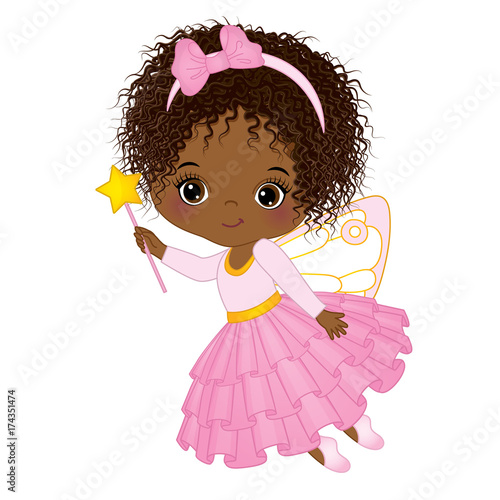 Vector Cute Little African American Fairy with Magic Wand