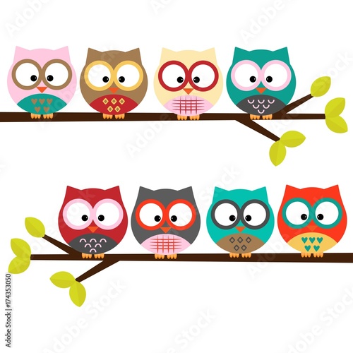 eight colorful owls on a branch
