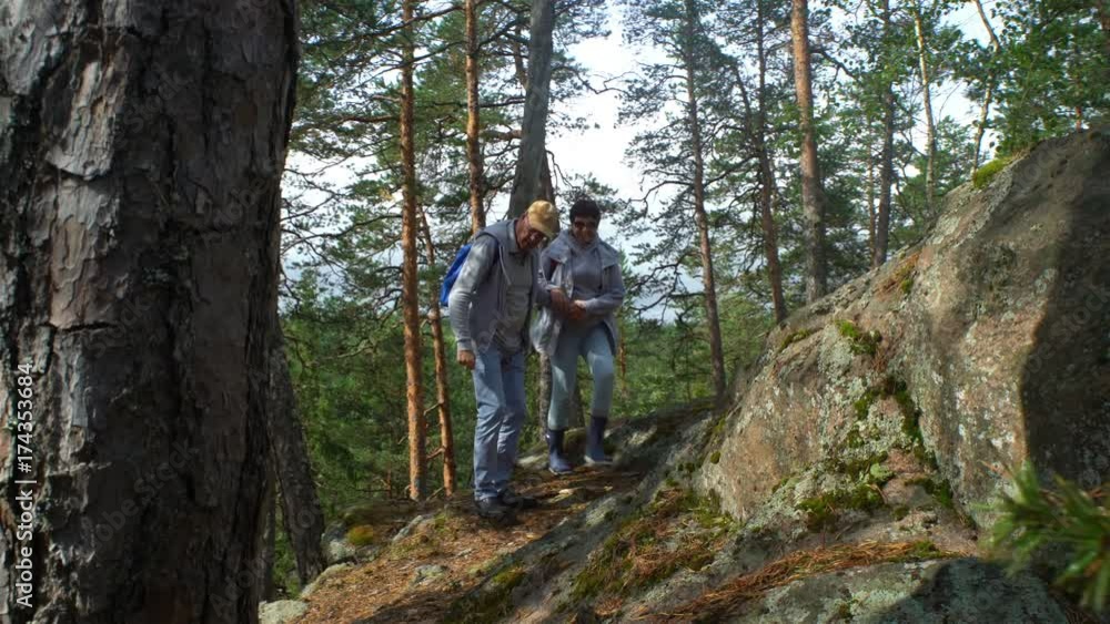 Elderly active couple climbing on the rock in the northern forest. Scandinavian landscape with cliffs, pine trees and moss. Elderly active couple climbing on the rock in the northern forest. Scandinavian landscape with cliffs, pine trees and moss.