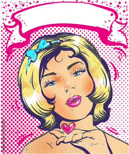 Love pink ribbon art woman face with a kiss and heart. Vector illustration. photo