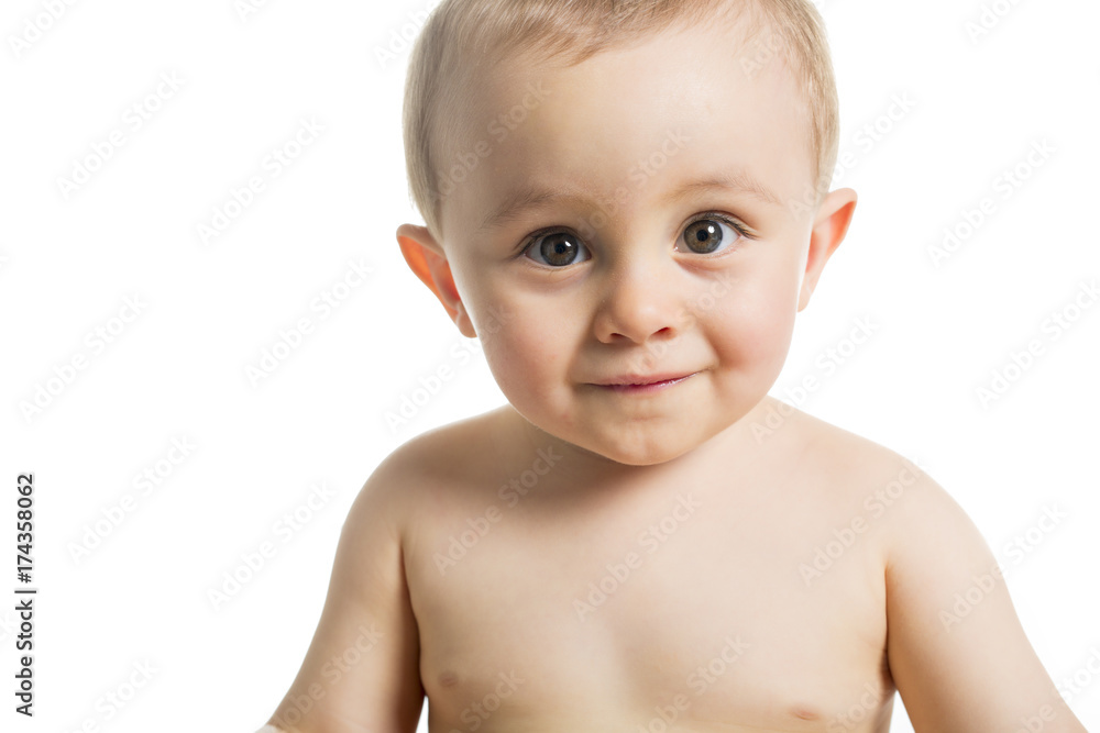 Infant child baby toddler happy looking at the corner isolated on a white background Infant child baby toddler happy looking at the corner isolated on a white background