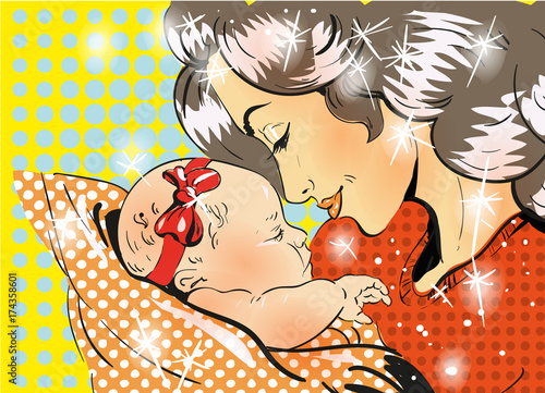 Mothers day. Mother and daughter in pop art retro comic style. Vector art