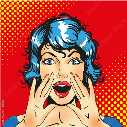 Woman screaming announcement. Vector background in comic retro pop art style. Party invitation.