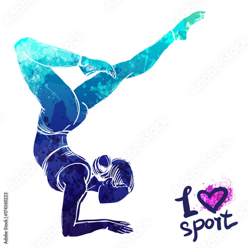 Bright watercolor silhouette of a stretching girl. Vector sport illustration. Graphic figure of yoga athlete. Active people. Recreation lifestyle. I love sport.