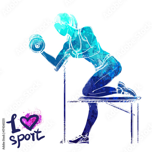 Bright watercolor silhouette of a girl is training with dumbbells. Vector sport illustration. Graphic figure of the athlete. Active people. Recreation lifestyle. I love sport.