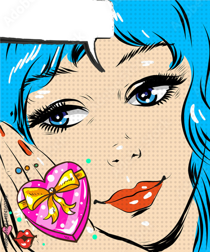 Vector illustration of beautiful happy and thinking woman looking at shining gift in retro pop art comic style.