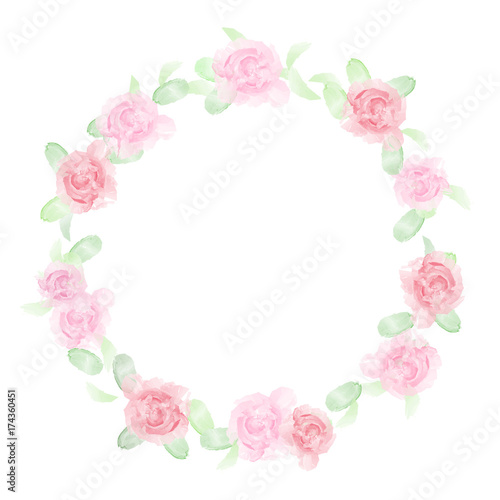 Watercolor style floral frame with pink soft roses and green leaves isolated on white background