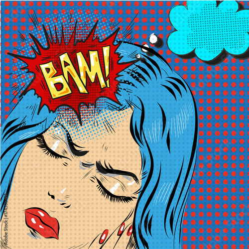Woman in pop art retro comic style. Woman Oh emotional reaction speech bubble. headache