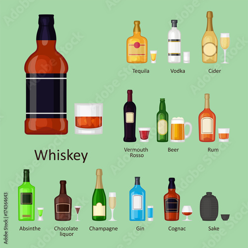 Alcohol drinks beverages cocktail bottle lager container drunk different glasses vector illustration.