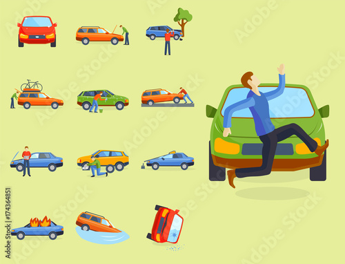 Car crash collision traffic insurance safety automobile emergency disaster and emergency disaster speed repair transport vector illustration.