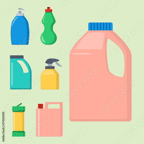 Bottles of household chemicals supplies cleaning housework liquid domestic fluid cleaner pack vector illustration.